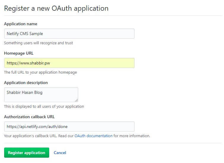 Register a New Oauth Application at GitHub