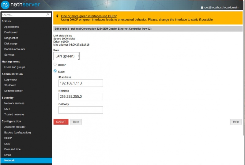 Figure 5: Setting the details for a static address.